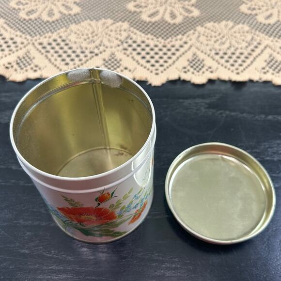 Vintage Decorative Tin- Cylinder- White Orange Blue Floral- 4x3.5" with lid - Picture 6 of 7